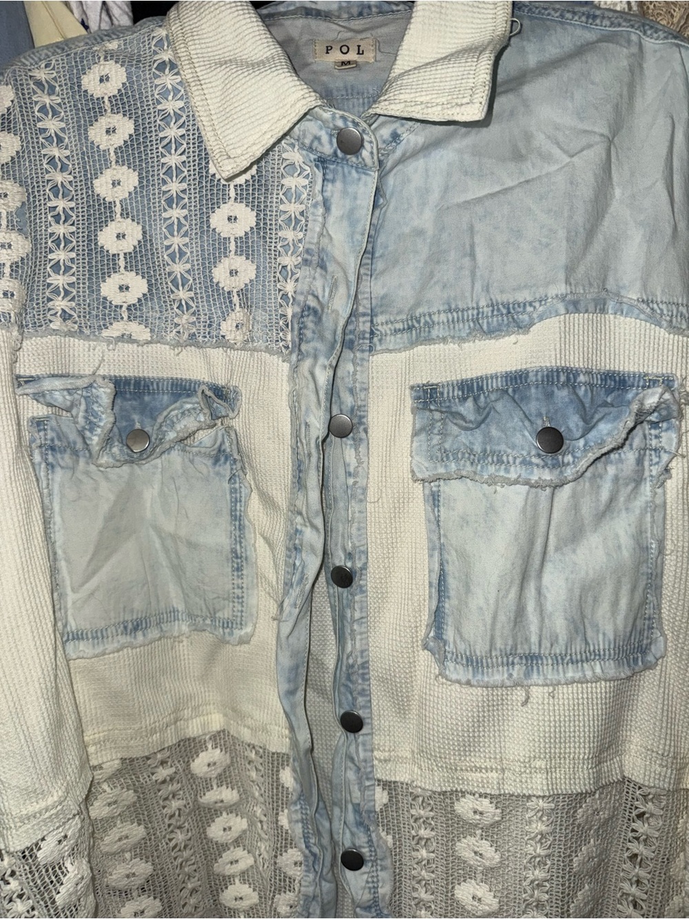 POL Boho Patchwork Lace Denim Shirt Jacket - Cream & Light Blue - Picture 3 of 6